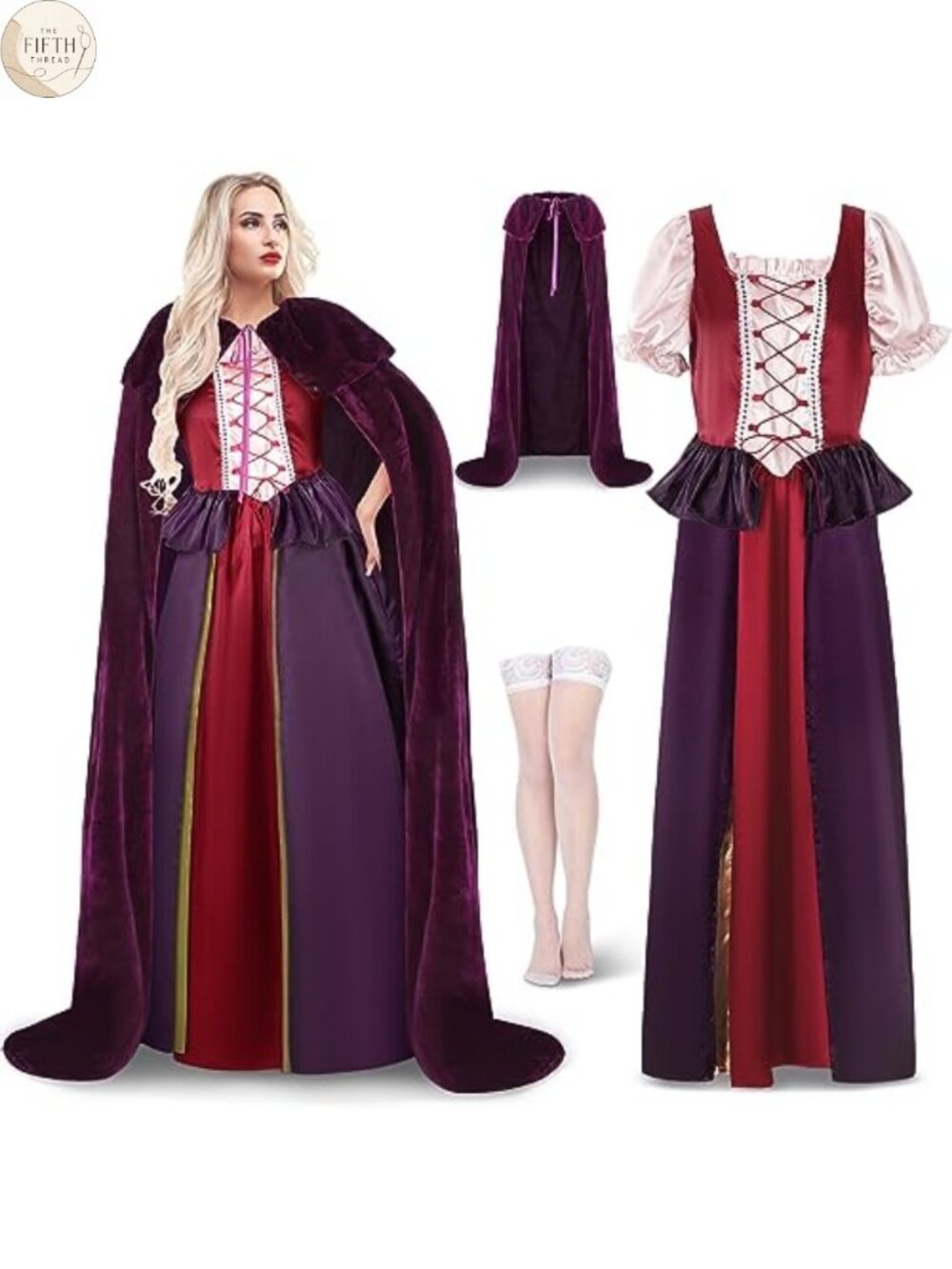Renaissance Witch Sister Costume Set Satin Dress Velvet Robe Stockings